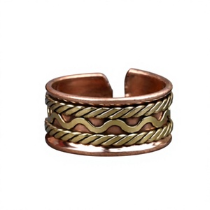 Pure Copper Brass Two Tone Mixed Metal Wavy Wave Line Cable Rope Braided <b>Wire</b> Pattern Surface Open Ring - Product Image 1