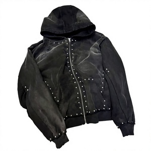 Luxury Wholesale Trendy <b>Black</b> Studded Hooded <b>Fleece</b> Jacket Set for <b>Men</b> Custom Streetwear Cargo Co-Ord Rhinestone Pocket Hoodies - Product Image 6