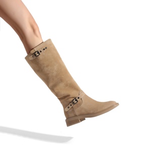 Stivali al ginocchio da donna in <span class=keywords><strong>camoscio</strong></span> marrone chiaro, con punta tonda e tacco basso, cinturino a doppia fibbia, stivali casual da equitazione per uso quotidiano - Product Image 1