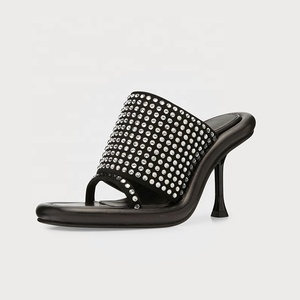 Sandalias de tacón fino con diamantes de imitación y punta cuadrada abierta para mujer, estilo mule sin cordones para verano, con correa para exteriores - Product Image 5