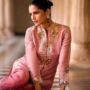 <b>Pink</b> Silk Readymade <b>Shrug</b> Suit with Beads & Embroidery Work - Product Image 3