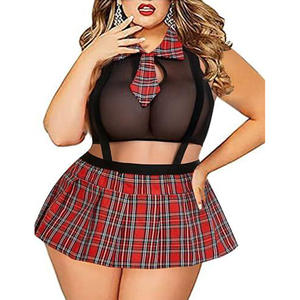 Ensemble de lingerie sexy en maille à manches courtes, taille plus, jupe à bretelles à carreaux d'écolière - Tenue de jeu de rôle pour femmes adultes, vente en gros - Product Image 6