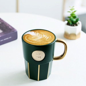 Mug à café en céramique verte, plaqué or, style nordique, motif feuille, en porcelaine, pour cadeau de miss, occasion spéciale - Product Image 2