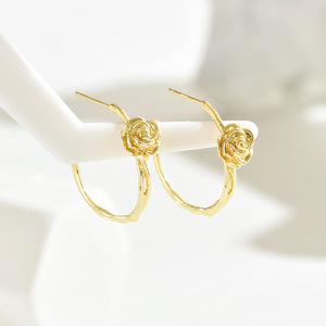 Flower Hoop <b>Earrings</b> Gold Rose Design Office Career Women Jewelry Zinc Alloy Stainless Steel <b>Post</b> EH4748 - Product Image 3