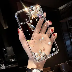 Cute Pink Luxury Lady Mirror Flower Mobile Phone Back Shell For iPhone 15 14 13 12 11 Pro Max 6 7 8 Plus XS XR Diamond Cover