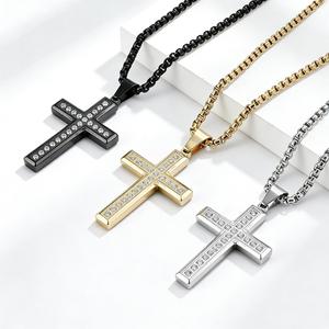<b>Titanium</b> Steel Cross Necklace With Zircon Inlay Channel Setting Gift Jewelry Stainless Steel Pendant Fashion Accessory - Product Image 1
