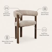 Chaise de salle à manger moderne de luxe en tissu bouclé, fauteuil rembourré avec dossier et accoudoirs, pieds en métal imitation noyer pour salle à manger et restaurant