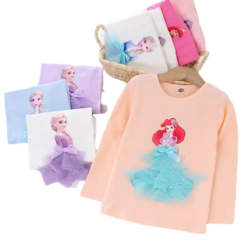Herfst Nieuwe Mode 3d Prinses Print Katoenen Kinderen Tops Lange Mouw Cartoon Schattige Kinderen Meisjes T-Shirt