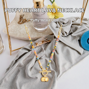 สร้อยคอจี้รูปหัวใจพองเคลือบทอง <span class=keywords><strong>18K</strong></span> ยี่ห้อ Aobei Pearl สไตล์โบฮีเมียนประดับด้วยลูกปัดดินลาวาสีสันสดใส พร้อมสายสร้อยไม้ไผ่ทำมือ - Product Image 2