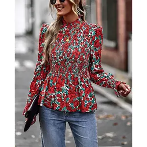 Floral Print Red Women's Elegant Blouses And Tops Casual Long Sleeve Crewneck Smocked Ruffle Shirt Tunics