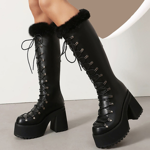 Size 44 Women's Thick Chunky Heels <b>Long</b> Boots Lace up Top Fur Shoes Round Toe Platform Block Heel Knee High Booties - Product Image 2