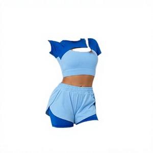 Women's Blue Color Blocking Yoga Set Off-The-Shoulder Convertible Strap <b>Crop</b> <b>Top</b> High Waist Shorts 1 Piece Seamless Anti-Wrinkle - Product Image 2