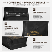 Pochette à café personnalisée imprimée, de qualité alimentaire, laminée, avec valve unidirectionnelle et fermeture auto-adhésive pour l'emballage des grains de café