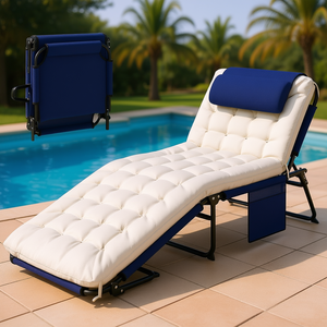 Chaise longue pliante bleu marine pour piscine, dossier inclinable à 4 niveaux, coussin, poche latérale, mobilier d'extérieur pour bain de soleil - Product Image 2