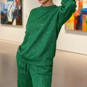 Ensemble décontracté 2 pièces pour femmes, haut à manches longues à col rond et pantalon à paillettes, tendance - Product Image 4