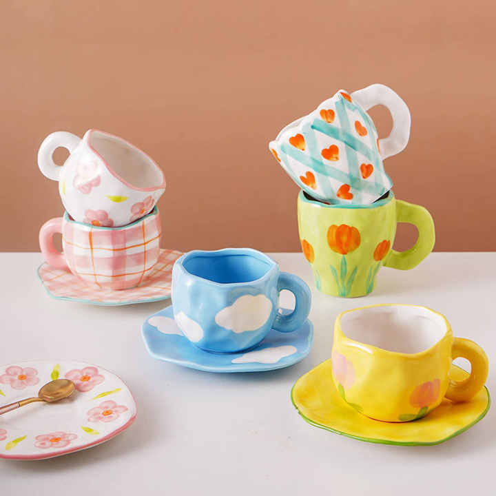 Wholesale Handmade Creative Ceramic Mug Irregular Hand Drawn Cute Mug Ceramic Coffee Mugs with Saucers