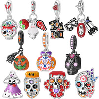 Nouveau Charm en Argent Sterling 925 pour Bracelet, Motifs Halloween : Crâne, Fleur, Chauve-souris, Citrouille, Fantôme, Luminescent dans le Noir, Accessoire DIY