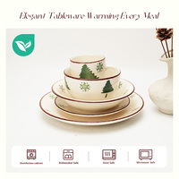 Assiettes blanches et vertes en céramique, 20 pièces, bols, arbres, flocons de neige, grès, ensemble de dîner, style de noël, ensemble de vaisselle à bords bruns
