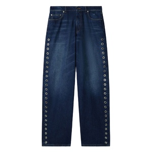 Indaco Whisker Wash Denim sbiadito con finitura cotone Denim cinque tasche a gamba dritta <span class=keywords><strong>Jeans</strong></span> larghi da <span class=keywords><strong>uomo</strong></span> con occhielli laterali - Product Image 1