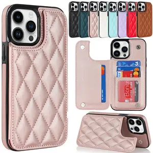 For iPhone 15 Pro Max Wallet Case with Card Holder, Luxury Grid PU Leather RFID Blocking Stand Phone Cover For iPhone 15 Pro Max