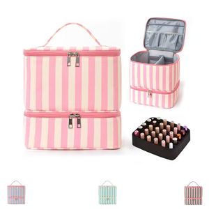 Estuche Cosmético Multifuncional de Doble Capa con Rayas a la Moda, Bolsa de Almacenamiento para Esmalte de Uñas, Bolsa de Maquillaje de Gran Capacidad, Bolsa de Aseo - Product Image 1