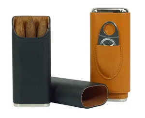 高级3指棕色皮革雪松木质内衬雪茄盒，带银色不锈钢切割器，适合旅行