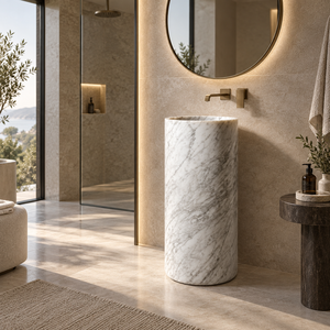 อ่างล้างหน้าทรงกลมหินอ่อนธรรมชาติคาร์ราร่าสีขาว ยี่ห้อ UnionStone แบบตั้งพื้น ขัดเงา/ขัดด้าน ดีไซน์มินิมอลสำหรับห้องน้ำ - Product Image 3