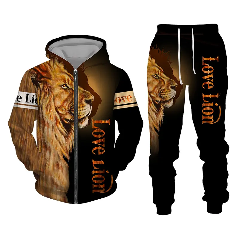 Custom Logo The King Lion 3d Printed Man Hoodies Sublimation Thermal Printing Zip Hoodie And Pants Set