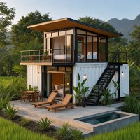 Maison mobile en structure acier avec terrasse sur le toit, balcon, escalier et espace intérieur moderne