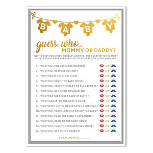 Tarjeta de adivinanzas personalizada de papel de aluminio dorado para mamá o papá, tarjeta de actividad de fiesta neutral de género, tarjetas de juego divertidas para Baby Shower - Product Image 1