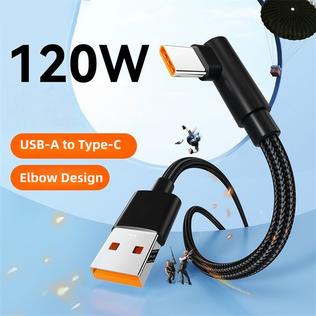 Portable 120w Nylon Braided 90-degree Angled Short 0.25m 1m 1.5m 2m 3m Usb Type c 6a Fast Charging Data Cable for iPhone Samsung