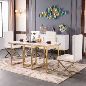 Conjunto de mesa de jantar, conjunto italiano de estilo europeu, branco, mármore, retangular, base dourada, com 6 - 8 assentos para sala de jantar, móveis