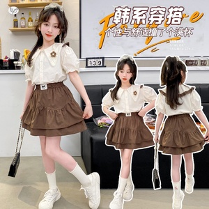 Vêtements d'été pour grandes filles, chemise à manches bouffantes, jupe courte à double couche, tenue pour adolescentes - Product Image 2