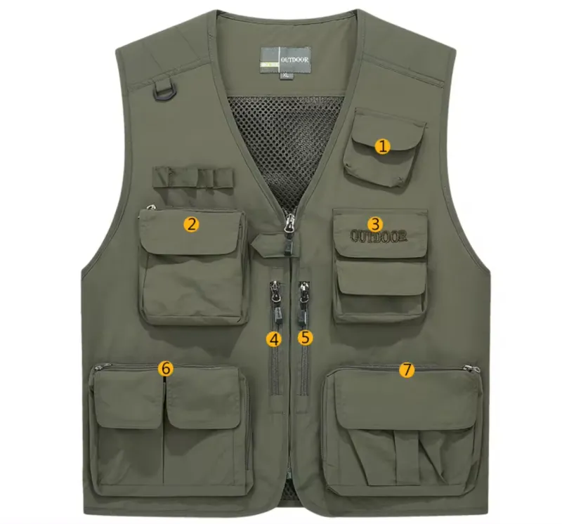 Gilet utilitaire d'extérieur décontracté pour hommes Gilet léger en denim nylon à séchage rapide multi-poches avec col en V Technique délavée été