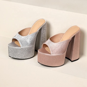 Sandales de soirée pour femme à bout ouvert, à talons hauts épais et plateforme, ornées de strass argentés, mode été, chaussures haut de gamme - Product Image 3