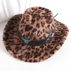 Sombrero Vaquero con Estampado de Leopardo ZhenXi, Talla M56-58cm, Felpa Cálida, Otoño Invierno, Elegante, para el Día a Día - Product Image 1