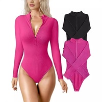 Bodysuit Wanita Seksi Bergaris Satu Potong dengan Ritsleting Depan Lengan Panjang Atasan Bodysuit Warna Solid Bahan Stretch