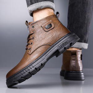 Bottes à cheville en cuir véritable pour hommes, bout rond, doublure en peluche, semelle extérieure en caoutchouc, bottes de neige chaudes pour l'automne et l'hiver - Product Image 3