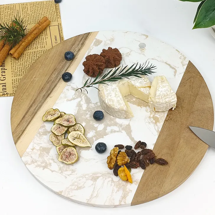 Wholesale custom logo round marble cheese board wood and marble charcuterie board for kitchen