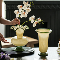 Nouveau vase à fleurs en verre de style chinois avec bordure en feuille de lotus jaune, objet de décoration pour la maison, récipient à fleurs haut de gamme, vase à fleurs hydroponique