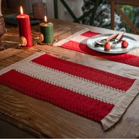 Alas Meja Anyaman Jute Bergaris Multi-Warna, Alas Meja Ramah Lingkungan dengan Rumbai, Alas Mangkuk Tahan Panas untuk Penggunaan di Makan Malam Hari Raya, Hotel, dan Pesta