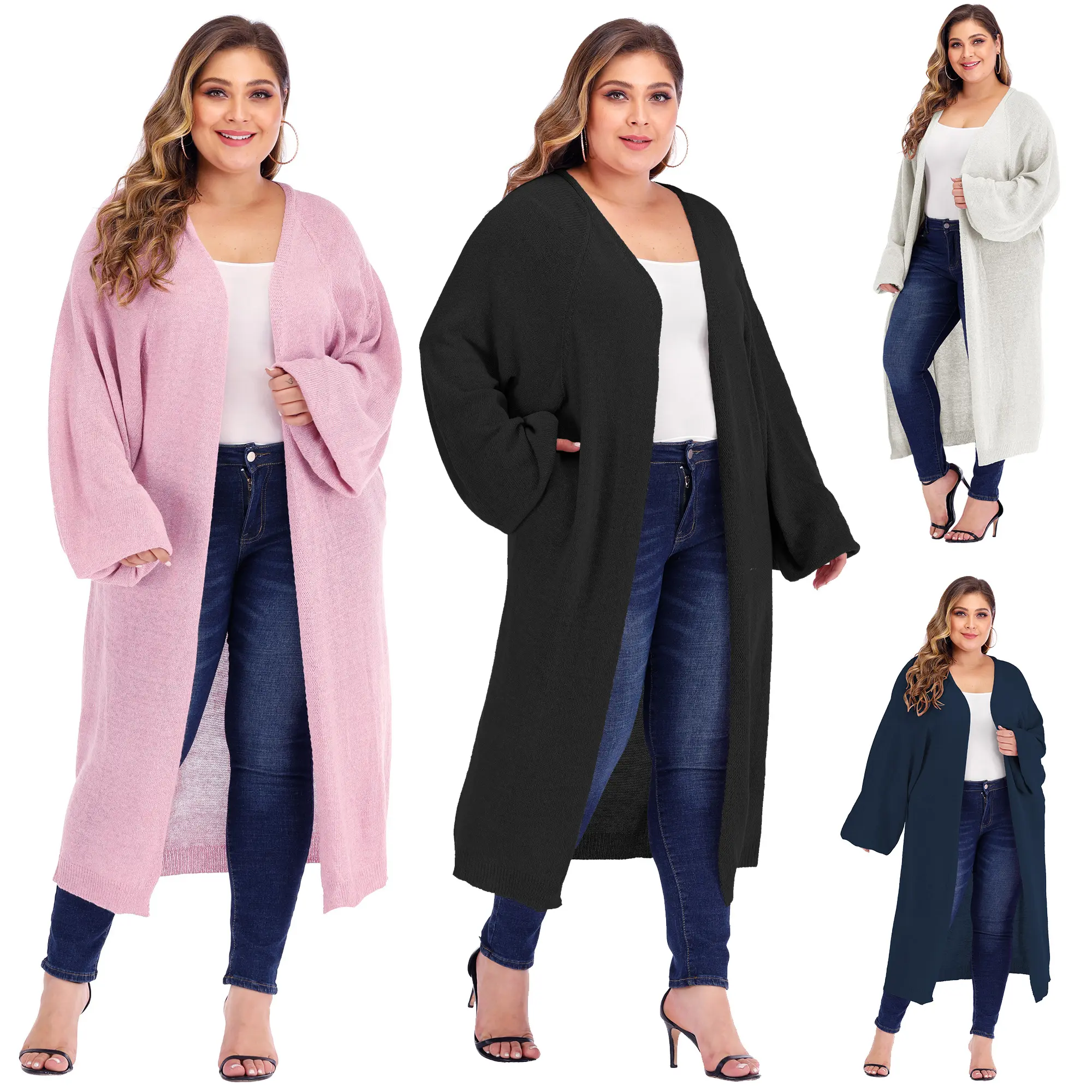 Plus Size Women Knitted Batwing Sleeve Long Sweater Cardigan Coat with Side Pockets for Women
