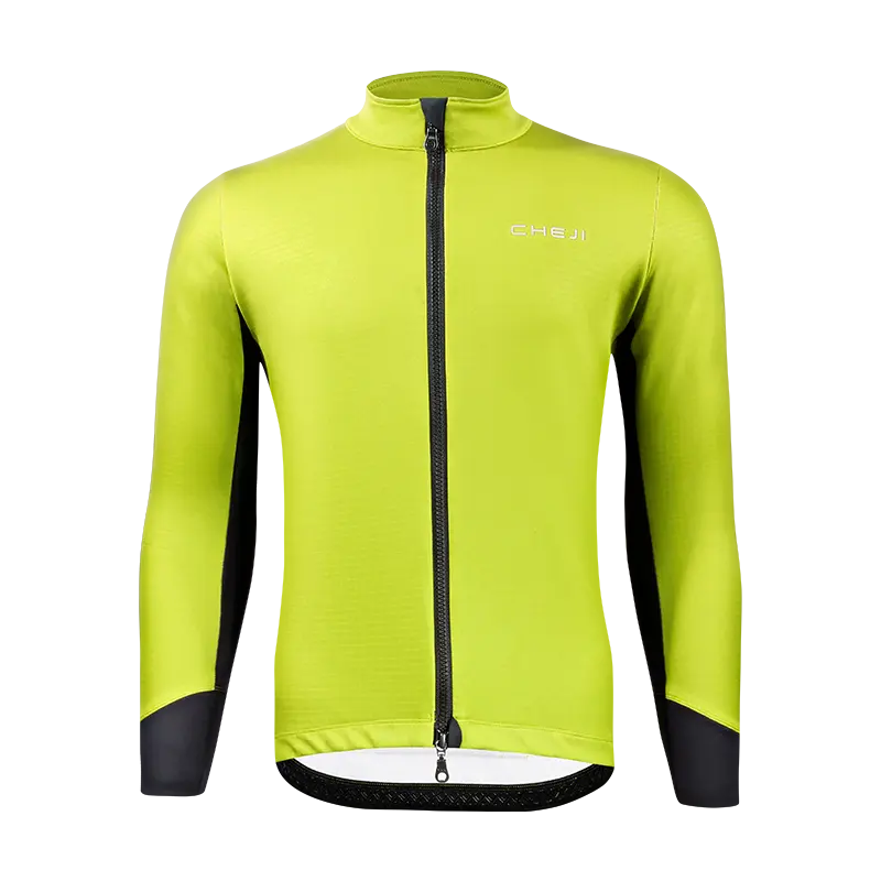 ChejiOEMメンズウィンターサイクリングジャケット蛍光グリーンカラーレーシングトップスは男性用の通気性のある防風自転車ユニフォームを着用します