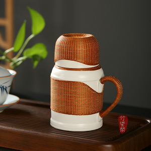 Ceramic Mini Thermos With Bamboo Weave <b>Lid</b> Travel Water <b>Pot</b> New Chinese Style Portable Household Use - Product Image 1