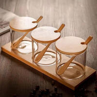 Lot de 3 Pots à Condiments Élégants en Verre Décoratif avec Couvercle, Cuillère et Support en Bambou
