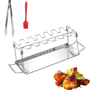 Support de rôtissage en acier inoxydable pour barbecue avec bac de récupération, 12 emplacements, pour ailes de poulet, cuisses de poulet, accessoires de barbecue - Product Image 1