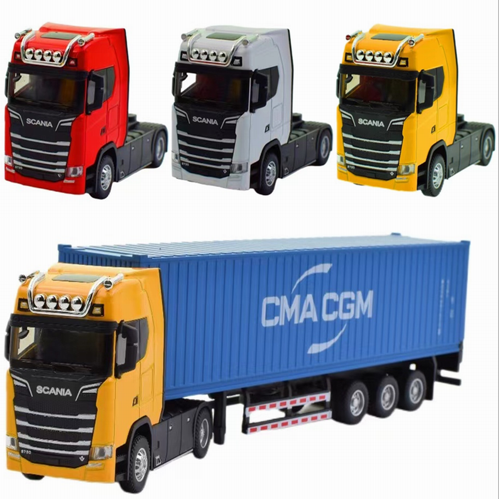 Trator com 1/36 escala s730 com recipiente, semi-reboque, puxar para trás, carros, luzes som diecast modelo, caminhões, brinquedos para crianças, meninos, presentes