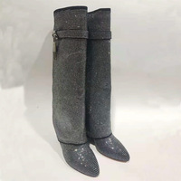 Bottes d'hiver montantes pour femme en cuir véritable, à talon compensé, à bout pointu, rehaussantes, à enfiler