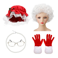 Ensemble d'accessoires pour femme adulte : Bonnet de Père Noël en dentelle, perruque bouclée blanche, lunettes, collier de perles, gants rouges – Idéal pour fête de Noël et cosplay