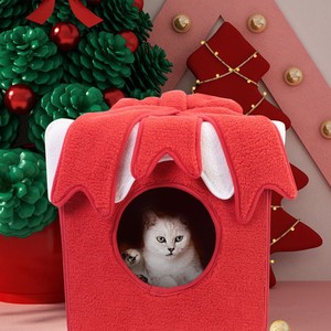 Christmas Cat House Square Soft Pet Bed With Warm Fleece For Indoor Cats Winter Gift - Product Image 4